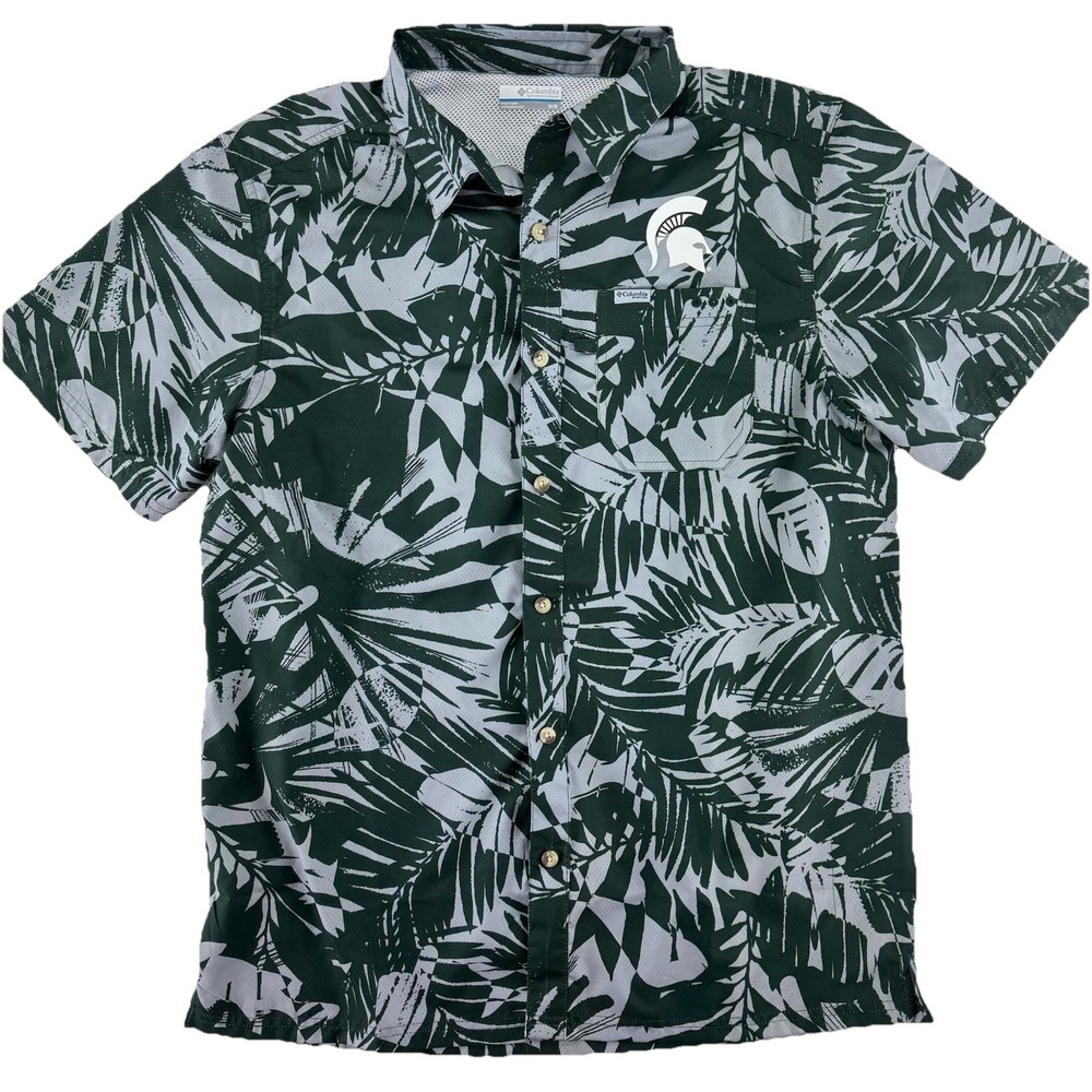 Columbia PFG Michigan State Spartans Vented Fishing Shirt Mens Medium Palm Print